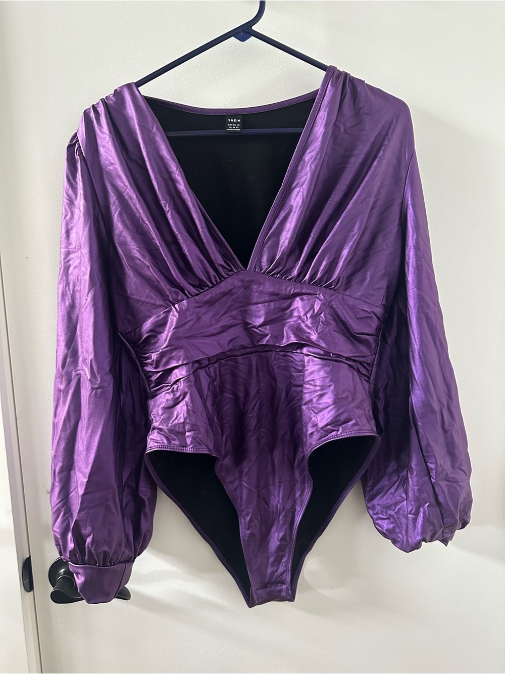 Shiny metallic Purple V-Neck Long Sleeve Bodysuit